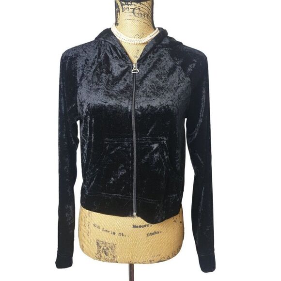 Girls Velour Hooded Jacket L Black Lightweight Chic Zip Up Jacket Pockets Lg - Picture 6 of 7